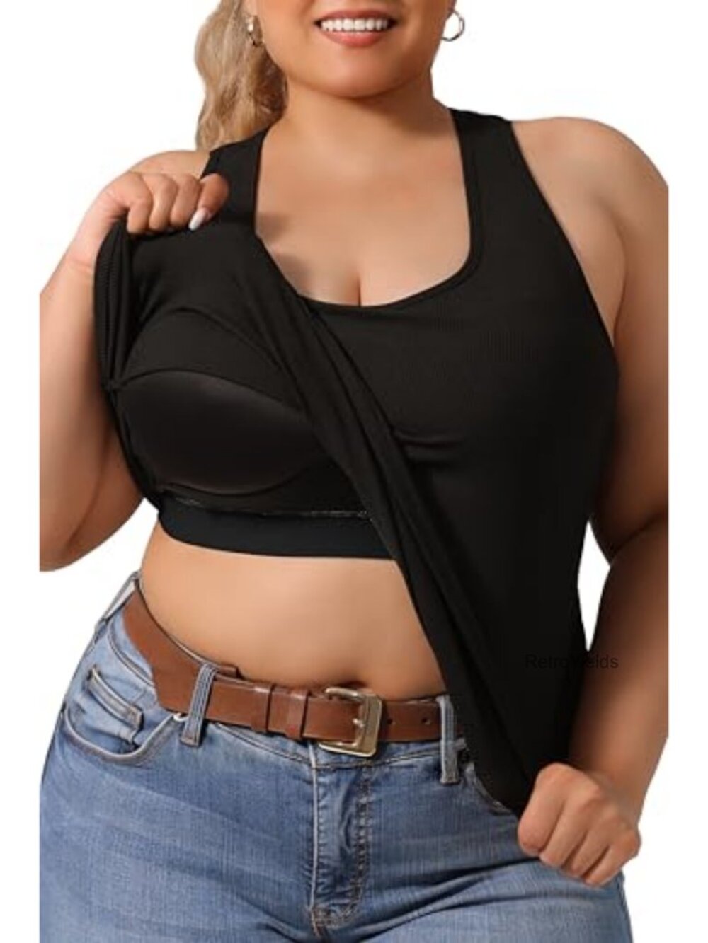 Plus Size Racerback Tank Top with Built-In Bra, Curved Hem